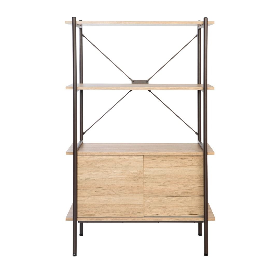 Wooden Bookshelf with Metal Frame (Category: Shelves, Cabinets & Racks) located in Caloocan City. Submitted by allhomeagroputatan_f87429 (Listing ID 1461824545, Image 1). Description: - Stylish bookshelf with a modern design. - Light wood finish shelves paired with a dark metal frame. - Two open shelves for easy display of your favorite items. - Cabinet with two doors below for concealed storage. - Versatile piece that complements any room decor.