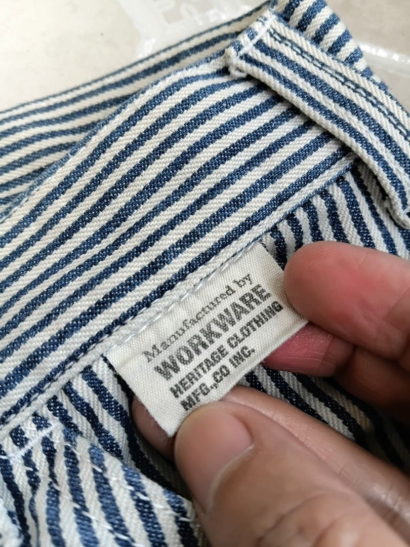 WORKWARE MFG. CO. INC. Blue Denim Riveted Overalls (Category: Jeans) located in Manila. Submitted by grandflower-547aee (Listing ID 1461860347, Image 3). Description: - Vintage Union Made Workwear Overalls - Classic blue and white pinstripe pattern - Durable denim fabric - Authentic copper rivets for durability - Ideal for workwear or a stylish retro look - Size: Large (L).