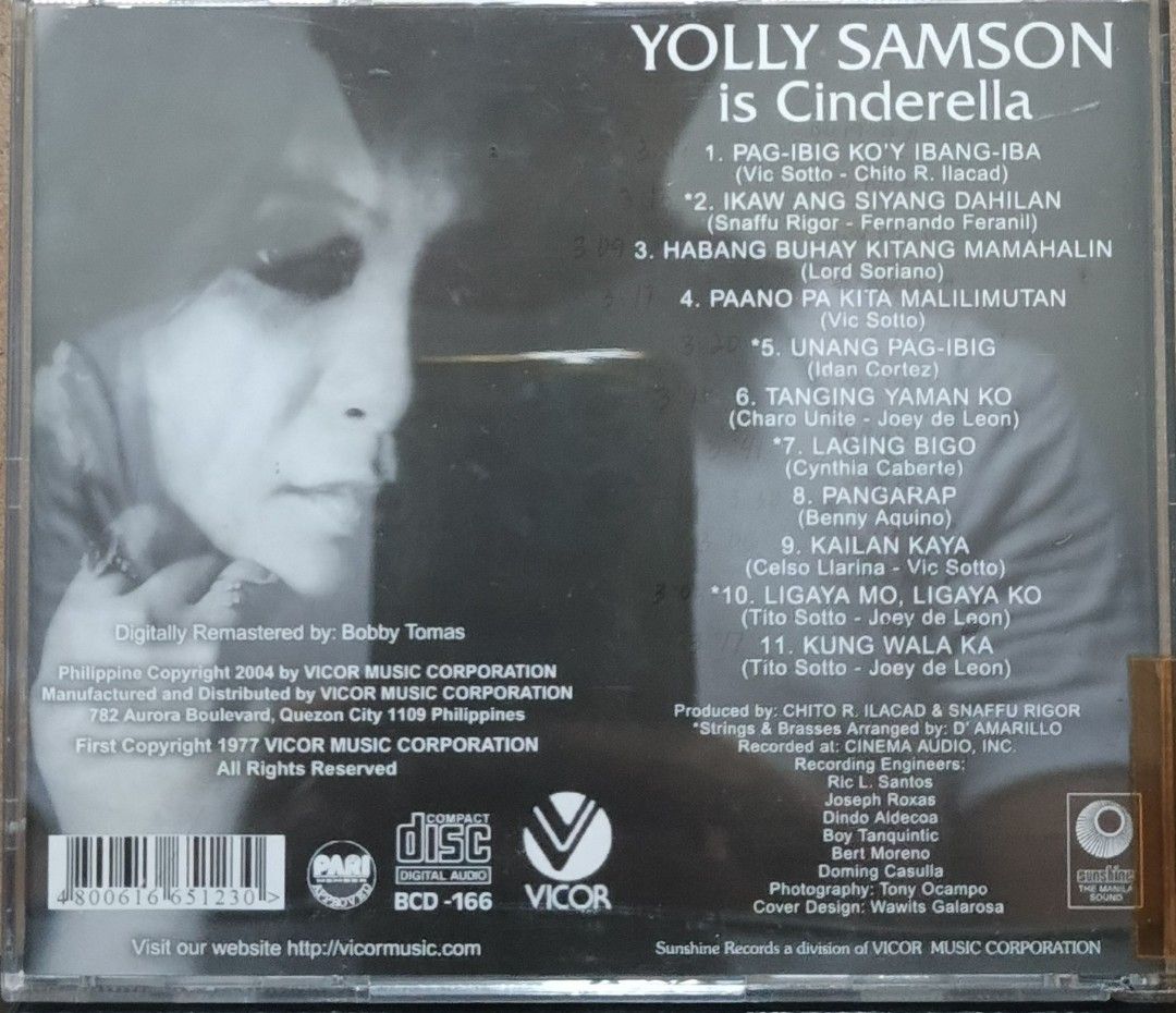 Yolly Samson is Cinderella Re-Issue Series CD Digitally Remastered (Category: CDs & DVDs) located in Manila. Submitted by ruelcabrer77078 (Listing ID 1461968879, Image 3). Description: - Yolly Samson's 'Cinderella' Album on CD - Re-issue series, digitally remastered - Features hits like 'Pag-ibig Ko'y Ibang-Iba' and 'Habang Buhay Kitang Mamahalin' - Released by Vicor Music Corporation - A must-have for OPM classic collectors.