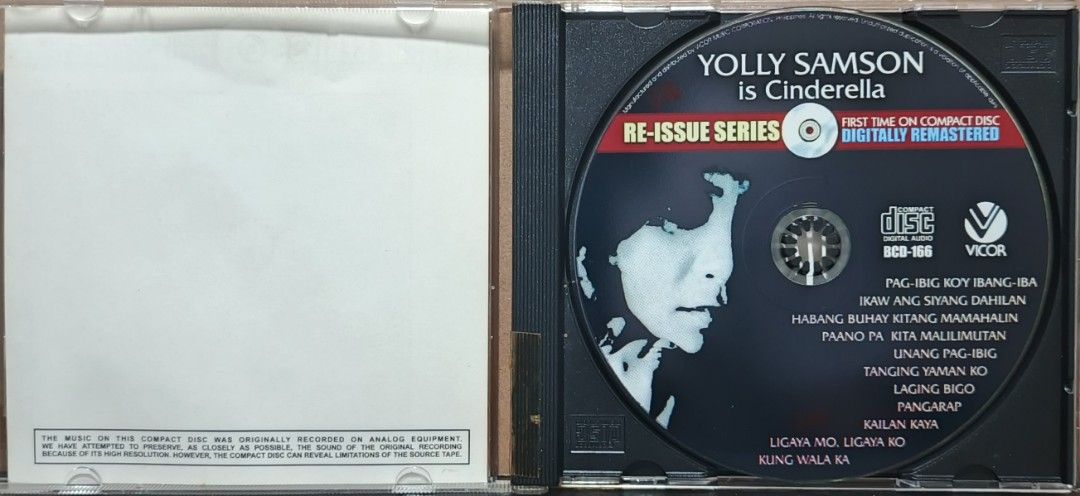 Yolly Samson is Cinderella Re-Issue Series CD Digitally Remastered (Category: CDs & DVDs) located in Manila. Submitted by ruelcabrer77078 (Listing ID 1461968879, Image 2). Description: - Yolly Samson's 'Cinderella' Album on CD - Re-issue series, digitally remastered - Features hits like 'Pag-ibig Ko'y Ibang-Iba' and 'Habang Buhay Kitang Mamahalin' - Released by Vicor Music Corporation - A must-have for OPM classic collectors.