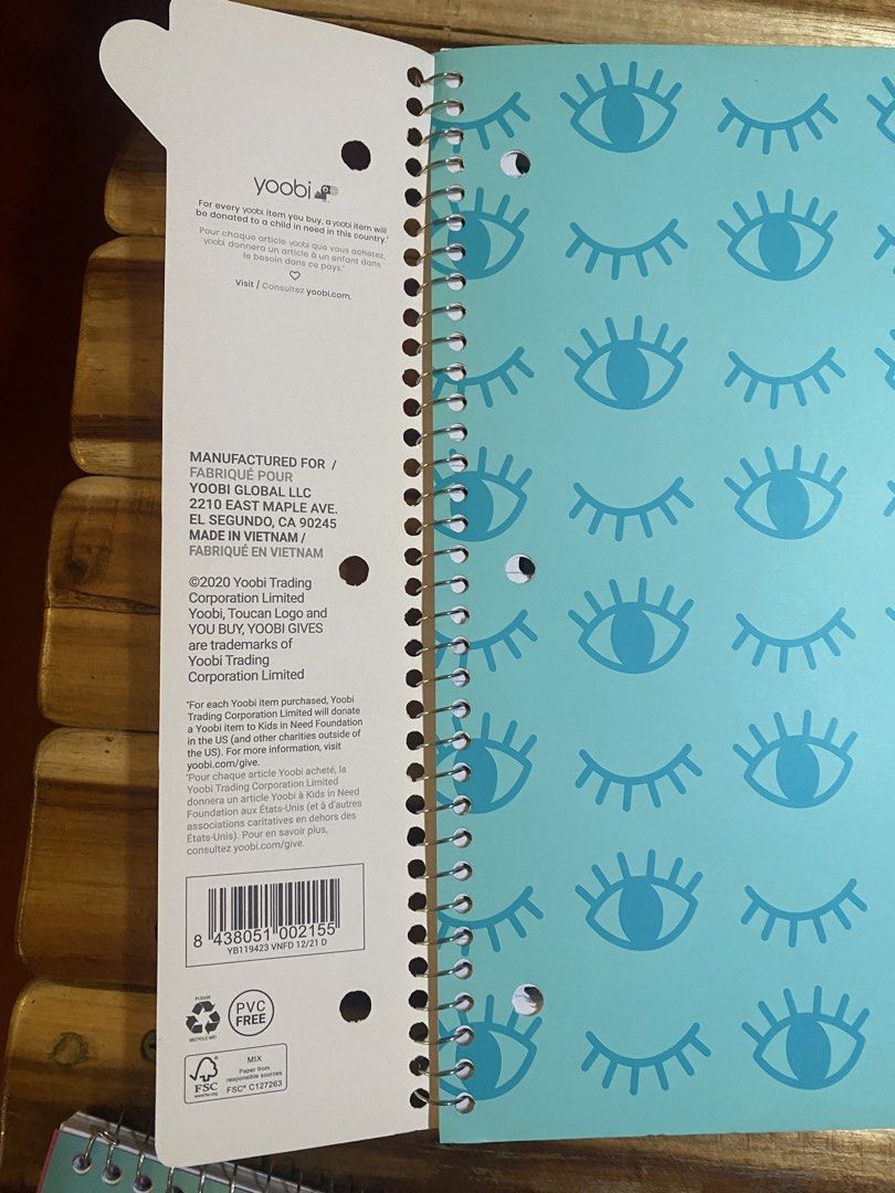 Yoobi 1 Subject Spiral Notebook (take all) (Category: Stationery & School Supplies) located in Cavite. Submitted by momrocks (Listing ID 1461822165, Image 2). Description: Yoobi 1 Subject Spiral Notebook (1) bright pink cover and a metallic gold spiral binding. (2) Aqua background with wink and blink eye graphics Features : 100 college-ruled sheets and two interior pockets Dimensions: 9 inches by 11 inches (approx. 22.86 cm x 27.94 cm) Charity: F