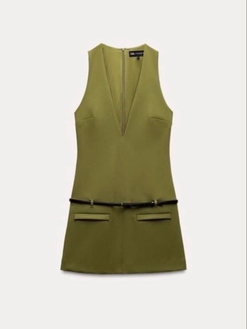 ZARA Belted Mini Dress (Category: Dresses) located in Makati City. Submitted by talenachilla (Listing ID 1461976755, Image 3). Description: BNWT. Belted Olive Green/ Luxury deep plunge V-neck mini dres.