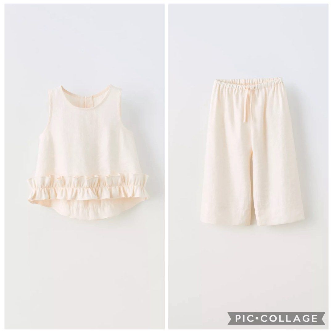 Zara Satin Ruffle coords (Category: Babies & Kids Fashion) located in Quezon City. Submitted by raidmystyle (Listing ID 1461853265, Image 1). Description: - Adorable Zara cream set for kids. - Includes a sleeveless top with a ruffled hem. - Matching culottes with an elastic waistband for comfort. - Both pieces feature a subtle metallic thread detail. - Perfect for parties and special occasions..