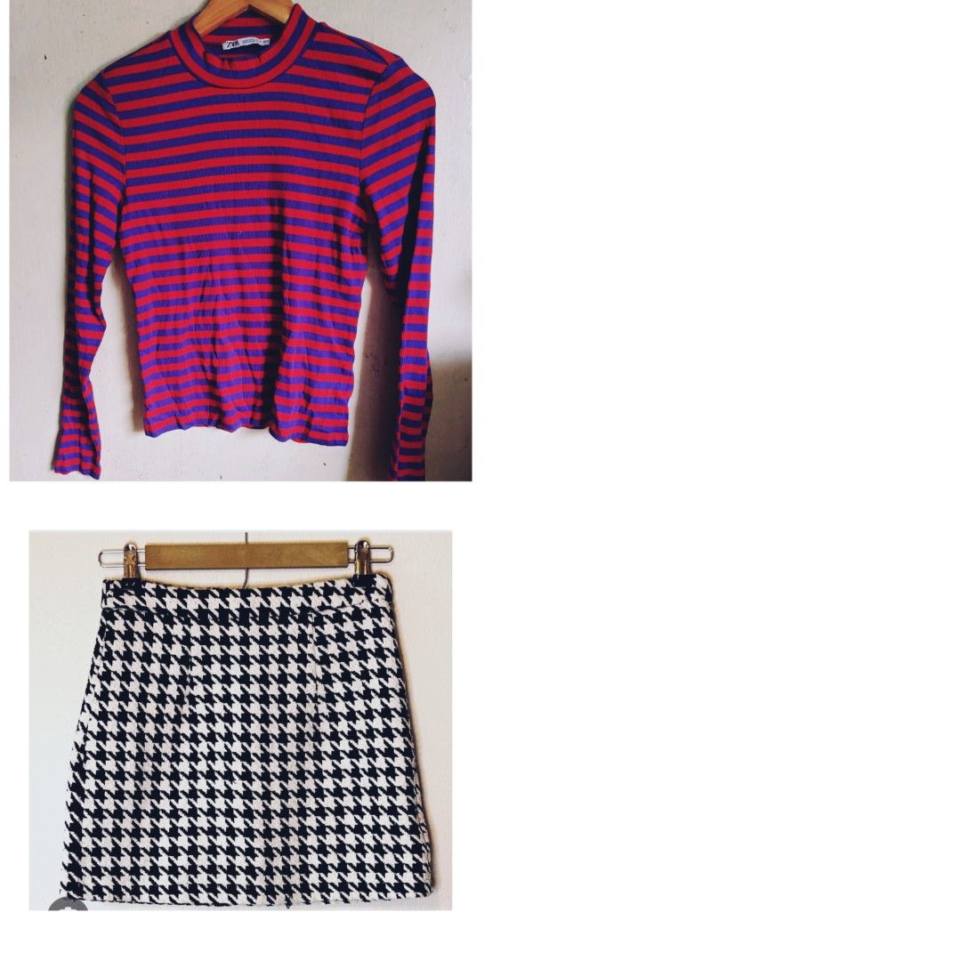 Zara Striped Top & Houndstooth Skirt Set (Category: Sets or Coordinates) located in Quezon City. Submitted by cathyignaciogo09 (Listing ID 1461928650, Image 1). Description: - Zara red and blue striped long-sleeve top - Mock neck style - Matching houndstooth mini skirt - Sold as a set - Chic, coordinated look - Pieces can be worn separately.
