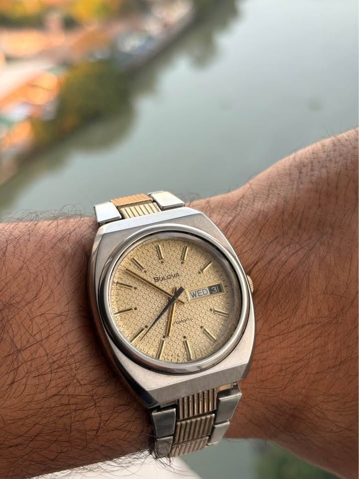 1972 Bulova Automatic Waffle Day-Date (Category: Luxury Watches) located in Manila. Submitted by archi.math (Listing ID 1462179053, Image 1). Description: Automatic Mechanical Movement Day-Date display Stainless steel case Champagne textured dial Applied baton hour markers Distinctive 1970s-style case design Original Bulova two-tone bracelet Omega-style signed clasp Swiss Made Running well & keeping accurate time Fitted on original Bulova two-ton