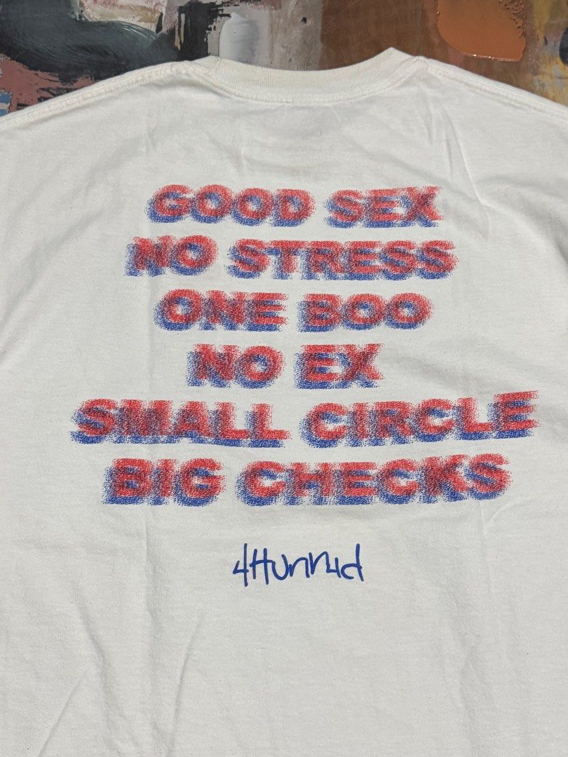 4Hunnid (Category: Tshirts & Polo Shirts ) located in Las Pinas. Submitted by thrftmnl. (Listing ID 1462049949, Image 3). Description: 4Hunnid Good Sx Size: XL Dimes Width: 23 Length: 30 Issue: removable yellow stain.