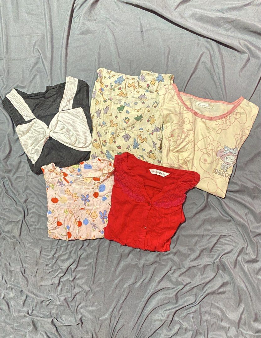 5 for 100, Bundle Cute Pajama Sets - Various Styles and Prints (Category: Undergarments & Loungewear) located in Urdaneta. Submitted by mikaychiii (Listing ID 1462169423, Image 3). Description: - Bundle of cozy pajama tops - Features various cute prints: bears, strawberries, flowers, polka dots - Some tops have button-up fronts and lace details - Ideal for lounging at home or sleeping - Soft and comfortable fabric - Mix and match for versatile lo