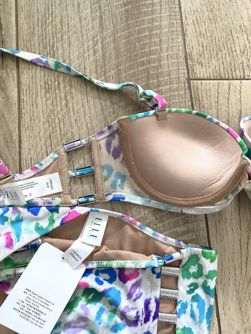 全新 ELLE 彩色豹紋比堅尼泳衣 Leopard Print Bikini Set （分類：泳衣）位於 Hong Kong。 由 ritaaaa1028 提交（商品編號 1462260358，圖片 2）。簡介： 上身70b push up bra top，有鋼托有墊，聚攏效果後好，下身size S，買得太多所以全新未著過，平讓 - Cute ELLE bikini set - Fun leopard print in bright colours - Strappy details on top and bottoms - Ideal for beach or pool。