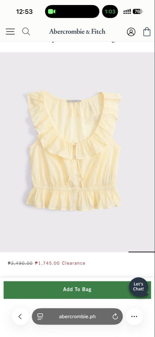 Abercrombie fit Yellow flowy button top (Category: Blouses) located in Manila. Submitted by preloved_gbnicole (Listing ID 1462240885, Image 1). Description: Got it for 3,990 Now selling same as the sale price 1,745. Got it moa branch.