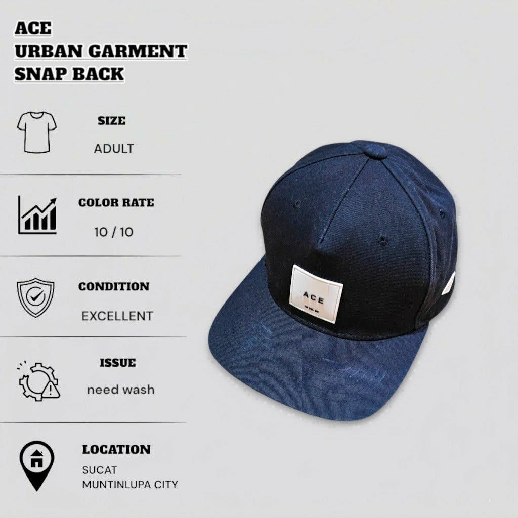 ACE URBAN GARMENT HATS SNAPBACK (Category: Caps & Hats) located in Muntinlupa City. Submitted by nofame12 (Listing ID 1462157765, Image 1). Description: PLEASE CHECK THE DETAILS OF THE ITEM ON FIRST PHOTO. LOCATION - SUCAT MUNTINLUPA CITY.