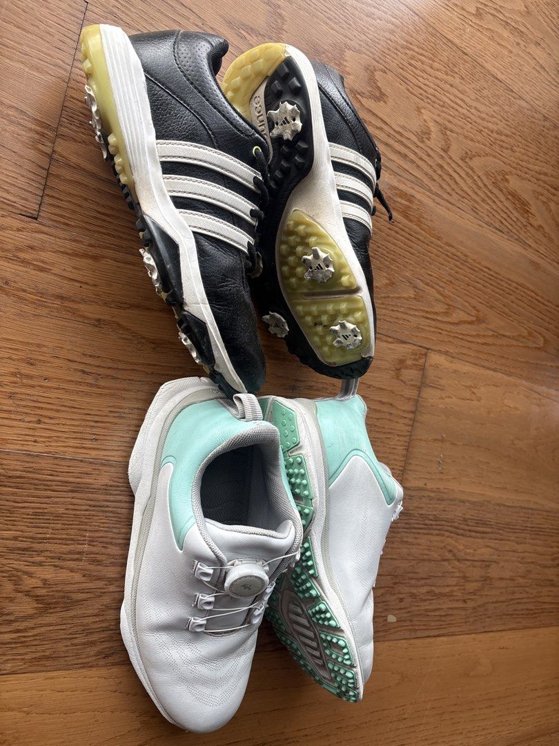 Adidas & Ecco Golf Shoes - kids (Category: Golf) located in Makati City. Submitted by celestegt (Listing ID 1462055330, Image 1). Description: 2 shoes for sale! Adidas black golf shoes (with replacable spikes) size US 3 EU35 TY golf shoes (spikeless) size US 5.5 UK 3.5 EUR 35 - Adidas black golf shoes with white stripes - Ecco white and mint green golf shoes with BOA lacing system - Both pairs feature cleats for excellent grip on the golf course 