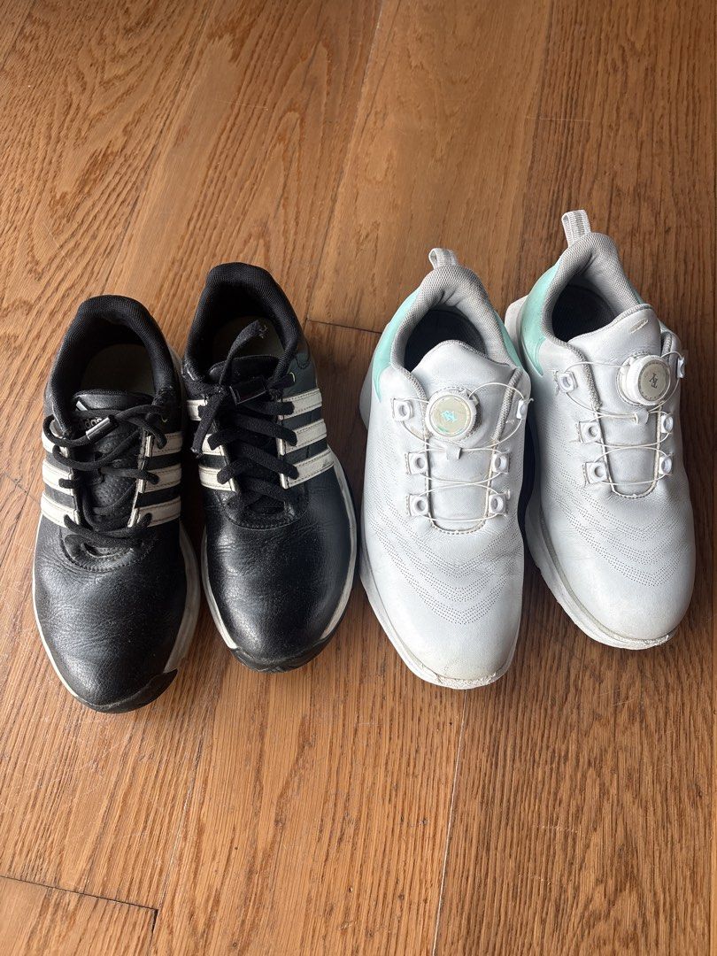 Adidas & Ecco Golf Shoes - kids (Category: Golf) located in Makati City. Submitted by celestegt (Listing ID 1462055330, Image 2). Description: 2 shoes for sale! Adidas black golf shoes (with replacable spikes) size US 3 EU35 TY golf shoes (spikeless) size US 5.5 UK 3.5 EUR 35 - Adidas black golf shoes with white stripes - Ecco white and mint green golf shoes with BOA lacing system - Both pairs feature cleats for excellent grip on the golf course 