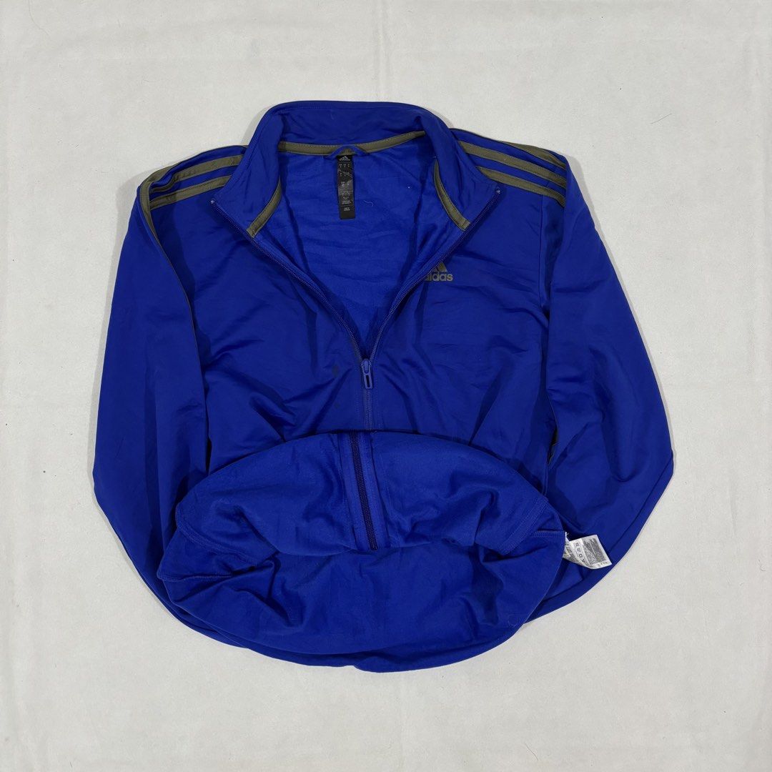 Adidas Track Jacket Blue with Gold Stripes (Category: Coats, Jackets and Outerwear) located in Cavite. Submitted by itsayaaa (Listing ID 1462010478, Image 2). Description: Adidas Track Jacket Size: S Dimes: 20 width / 27 length Issue: Need wash Colorate: 9/10 Condition: Excellent Condition STARTING BID: 150 INCREMENT: 50 CLAIM: 📥.