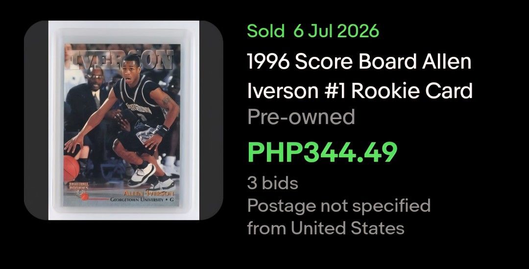 Allen Iverson Score Board College Card (Category: Raw Singles) located in Pasig City. Submitted by MaryandXaviersCorner (Listing ID 1462083102, Image 3). Description: Allen Iverson Score Board College Card Actual pictures of the item posted Will be shipped in a toploader and bubblewrap Please check my other NBA cards listings..
