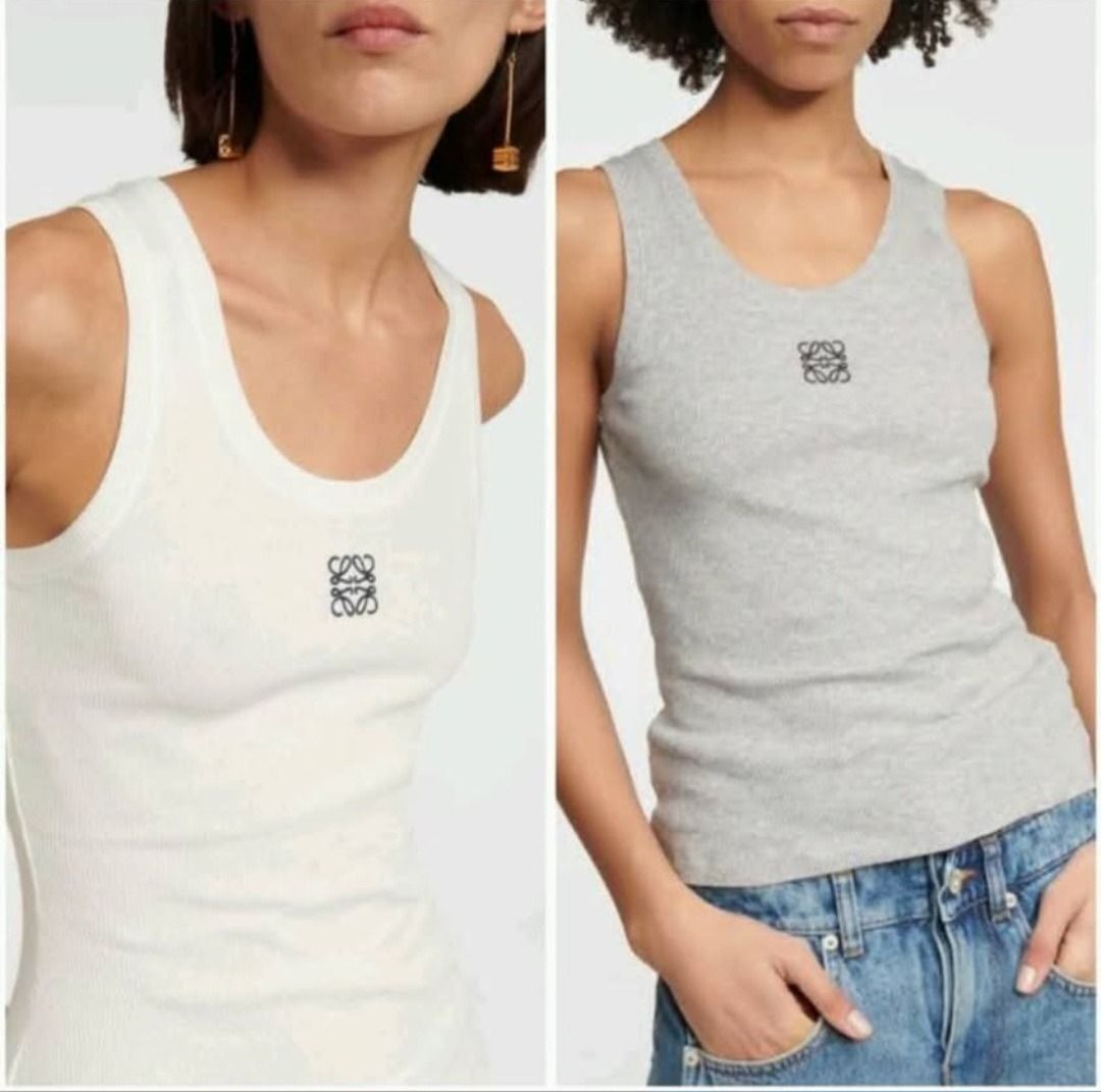 Anagram Tank Top - Grey & Cream (Category: Sleeveless) located in Manila. Submitted by katkween23 (Listing ID 1462049739, Image 3). Description: - Classic Loewe tank tops - Features iconic Anagram logo - Comfortable ribbed knit fabric - Available in grey and cream - Versatile for layering or wearing on its own.