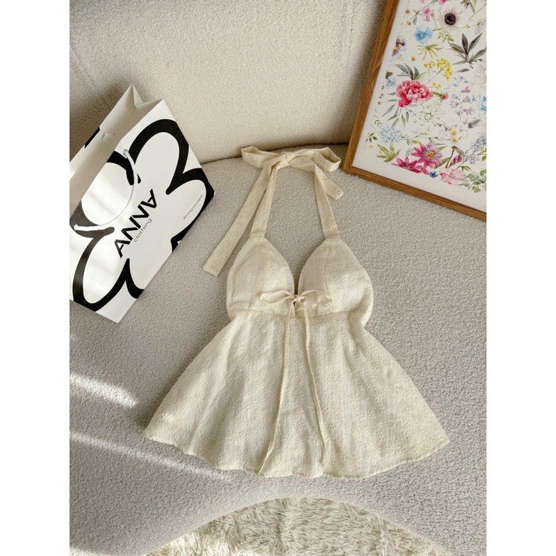 Anna Eyelet Halter Babydoll Top (Category: Sleeveless) located in Quezon City. Submitted by h.eart (Listing ID 1462136950, Image 1). Description: Bought in Vietnam Washed but never used Padded Fits bust 32-36 Double lining Super nice fabric Last price posted.
