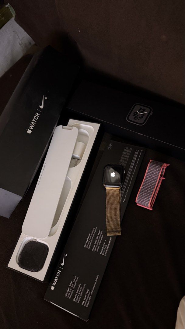 Apple Watch Series 4 Nike Edition 44MM (Category: Wearables & Smart Watches) located in Baliuag. Submitted by guccicarlo (Listing ID 1462173528, Image 1). Description: - Apple Watch Series 4 Nike Edition - Includes original box and charger - Comes with gold Milanese loop band - Includes Nike Sport Loop band - Minor scuffs on body - All features fully functional.