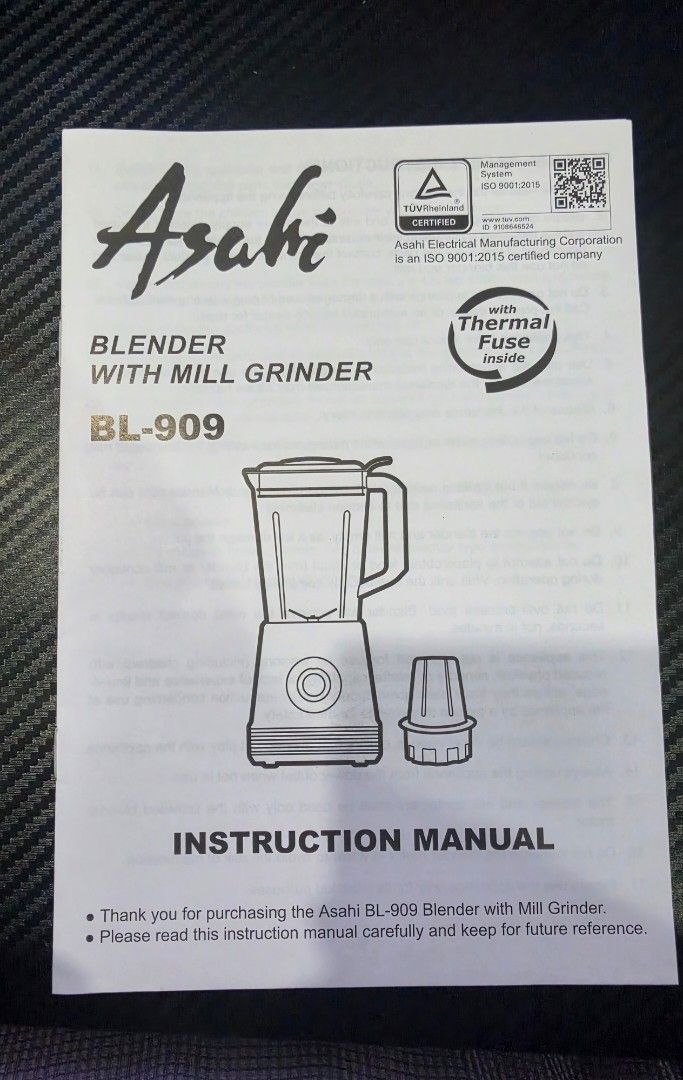 Asahi Blender with Mill Grinder BL-909 (Category: Juicers, Blenders & Grinders) located in Alfonso. Submitted by mememo31 (Listing ID 1462224903, Image 2). Description: Asahi Blender with Mill Grinder BL-909 -Out of the box but never been used Store Price: Php 2,250 Selling: Php 1,500 No box. Blender and Mill grinder only. Pick up: Concepcion Uno, Marikina City.