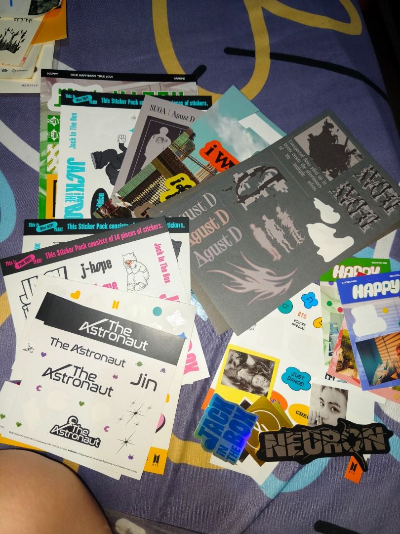 Assorted BTS Stickers - TAKE ALL! (Category: K-Wave Merchandise) located in Davao. Submitted by birdiesells (Listing ID 1462225164, Image 3). Description: RFS: decluttering all stickers i earned from 2019-2023 ✨ includes: -OT7 chapter 2 solo album stickers -Deco Kit stickers -Jack in the Box stickers -Tinytan SUGA and DNA stickers -some BT21 -fanmade stickers MOP: UB, GCash, GoTyme, MariBank MOD: J&T from Davao.
