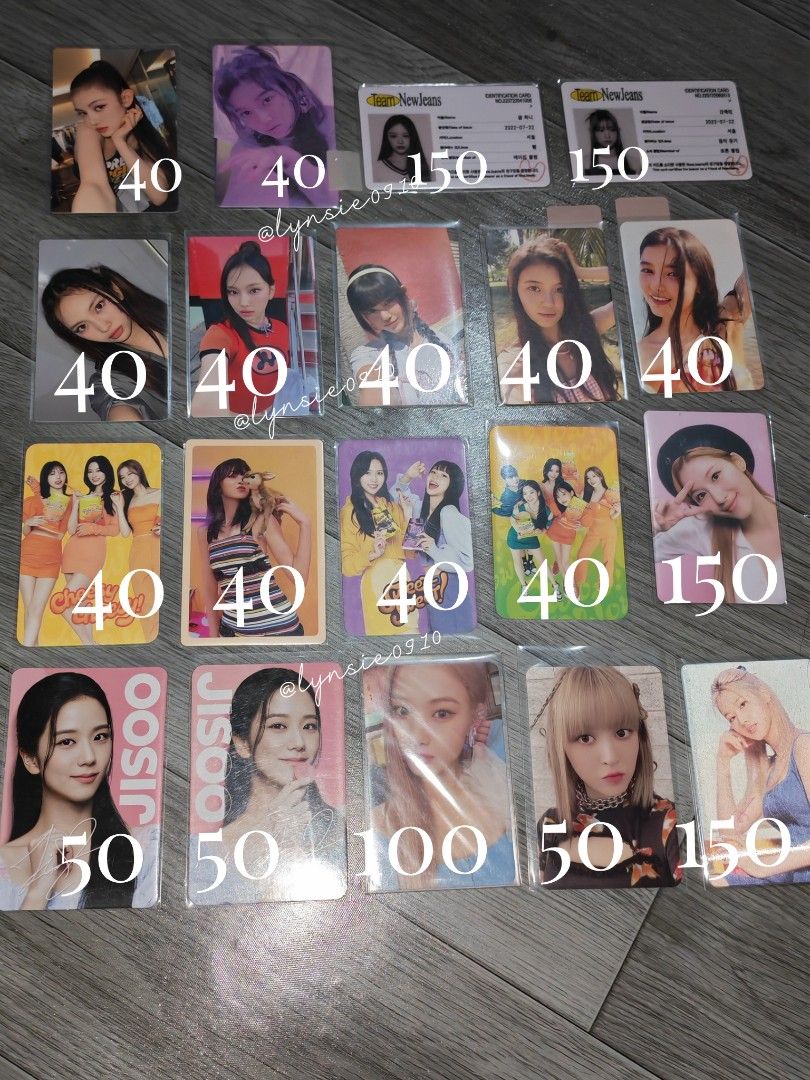 Assorted kpop photocards (Category: K-Wave Merchandise) located in Manila. Submitted by lynsie0910 (Listing ID 1462143273, Image 1). Description: 𓂃✮ 𝙒𝙏𝙎 𝙇𝙁𝘽 ⌜#lynsiesells⌟ 🛒 : Assorted kpop pc set ph twice blackpink newjeans nmixx Price on pic +sf ⤿ PAYO / 1 WEEK DOP 50% dp nrdp ⤿ Onhand, mint condi ⤿ mod, j&t dm to claim.