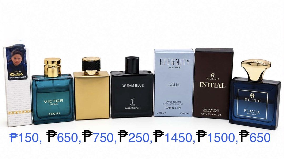 Assorted Men's Perfumes ( Read Below) (Category: Fragrance & Deodorants) located in Iligan City. Submitted by ceyshop11 (Listing ID 1462145193, Image 1). Description: - Prices ( Refer to the Picture in order) - All are Eau de Parfum (EDP) or Eau de Toilette (EDT). - Bottles are full or nearly full. - Perfect for everyday wear or special occasions. - Offers a variety of scents to choose from. Men’s Fragrances: *Victor Homme Arqus ( 70% full) *Elit
