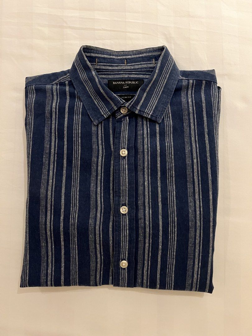 Banana Republic Men’s Shirt (Category: Tshirts & Polo Shirts ) located in Quezon City. Submitted by inthefrow (Listing ID 1462135331, Image 1). Description: - Preloved - Linen striped shirt - Chest measures 20”, length 30” - Slim fit - For work or play • Best price already .