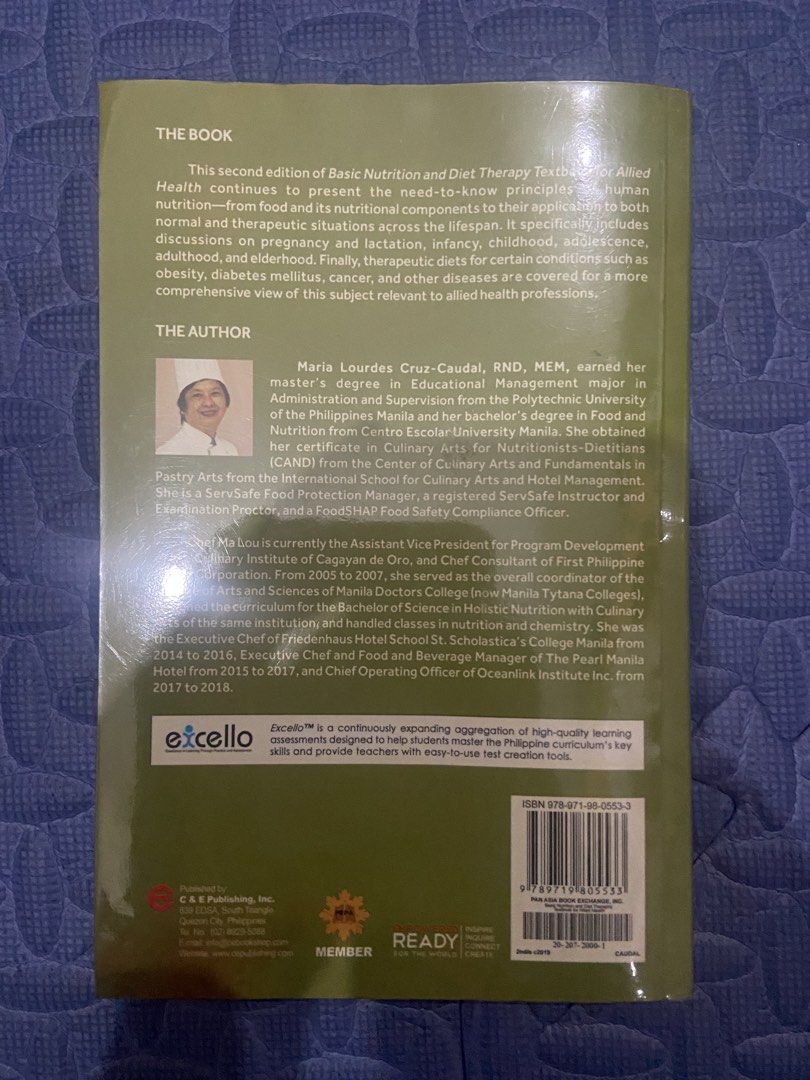Basic Nutrition and Diet Therapy 2nd Edition (Category: Textbooks) located in Manila. Submitted by prelovedbyhya (Listing ID 1462095915, Image 2). Description: - Textbook for Allied Health students - Covers nutrition, food, and therapeutic diets - Explains conditions like obesity, diabetes, and cancer - Authored by Maria Lourdes Cruz-Caudal, RND, MEM - Published by C&E Publishing, Inc. - Excellent reference for health professionals.