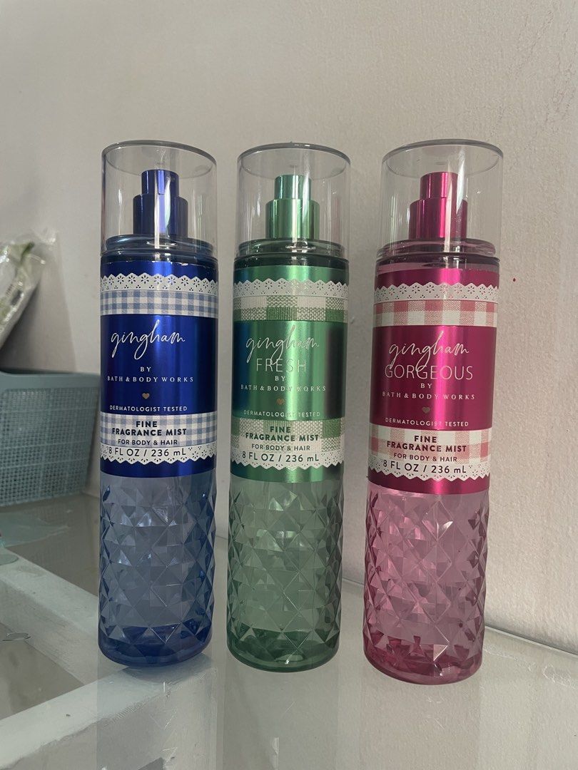 Bath & Body Works Gingham Fragrance Mist (Category: Fragrance & Deodorants) located in Quezon City. Submitted by chuchuchu1414 (Listing ID 1462072218, Image 1). Description: Gingham, Gingham Fresh, and Gingham Gorgeous scents - Each bottle is 8 fl oz (236 mL) - Suitable for body and hair - Dermatologist tested - Ideal for everyday wear.