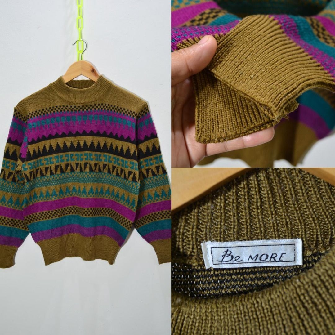 Be More Vintage Geometric Pattern Mock Neck Sweater Preloved (Category: Coats, Jackets and Outerwear) located in Polomolok. Submitted by lastthrift (Listing ID 1462202894, Image 1). Description: - Vintage Be More sweater - Unique geometric pattern in purple, teal, and black - Base color: warm brown/khaki - Mock neck style - Minor flaw: small hole on left sleeve near shoulder (visible in last photo) - Otherwise a unique and stylish piece - 20x23".