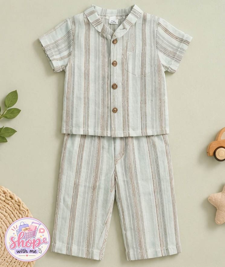 Beige linen short-sleeve button-down and trousers set (Category: Babies & Kids Fashion) located in San Marcelino. Submitted by jira_13 (Listing ID 1462125562, Image 1). Description: ONHAND Size: 6-9 months on tag ( best fit 9-12 months ) 🏷️ P199.00.