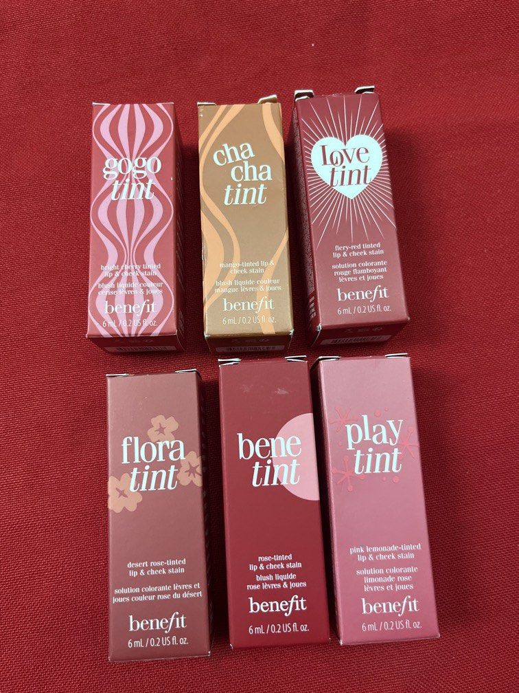 Benefit per piece (Category: Makeup) located in Manila. Submitted by luxeclassyshop (Listing ID 1462131778, Image 1). Description: Shades available Flora tint 6ml Playtint 6ml Benetint 6ml❌ Chacha tint 6ml Gogo tint 6ml Love tint 6ml Brand new Original .