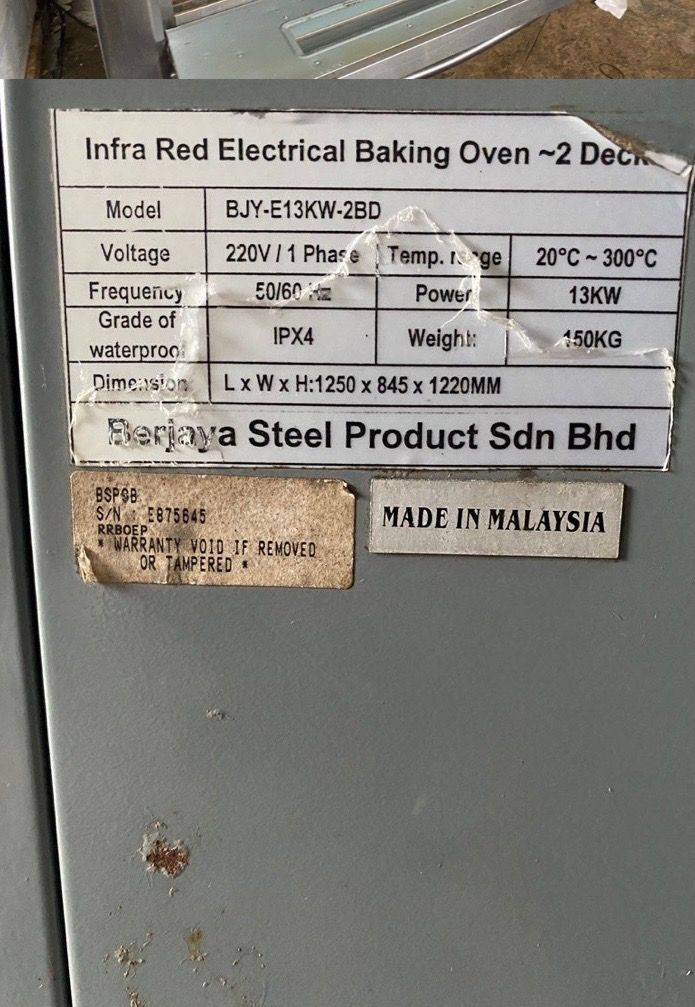 Berjaya Infra Red Electrical Baking Oven ~2 Deck BJY-E13KW-2BD (Category: Ovens & Toasters) located in Los Banos. Submitted by reginaramo11482 (Listing ID 1462181118, Image 1). Description: - Berjaya 2-deck infra-red electrical baking oven - Model: BJY-E13KW-2BD - Ideal for commercial baking needs - Voltage: 220V, 1 Phase - Power: 13KW - Temperature Range: 20°C - 300°C - Dimensions: 1250 x 845 x 1220MM (L x W x H) - Weight: 150KG - Made in Malays