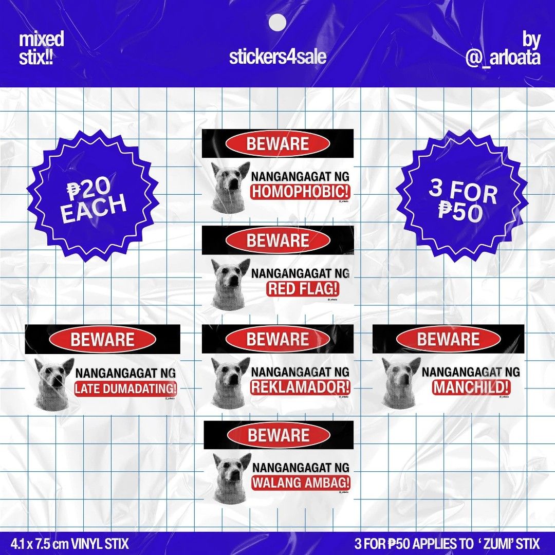 BEWARE! Vinyl Stickers (Category: Art & Prints) located in Caloocan City. Submitted by mrhgbr (Listing ID 1462053906, Image 1). Description: BEWARE! Vinyl Stickers PRICE: PHP 20 EACH, 3 FOR 35 MATERIAL: Vinyl, No Phototop CONDITION: Brand New NOTE (EDITED) : - FOR PRE-ORDER (2-4 DAYS)! Message me on my carousell/art account for inquiries! BUYERS WITHIN AND OUTSIDE METRO MANILA ACCEPTED! DELIVERY: - Lalamove - Grab - J&T (Shipping fee is shouldere