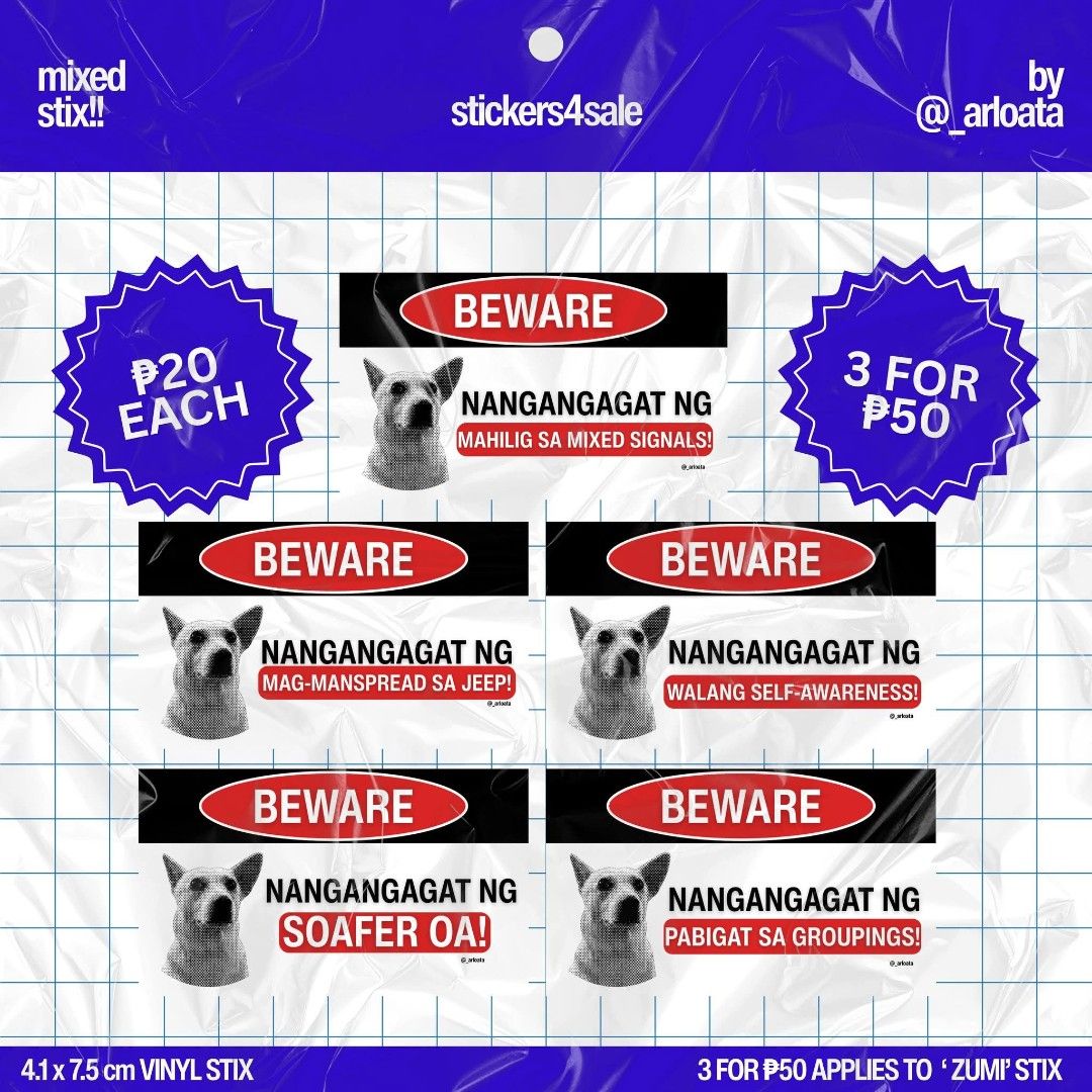 BEWARE! Vinyl Stickers (Category: Art & Prints) located in Caloocan City. Submitted by mrhgbr (Listing ID 1462053906, Image 2). Description: BEWARE! Vinyl Stickers PRICE: PHP 20 EACH, 3 FOR 35 MATERIAL: Vinyl, No Phototop CONDITION: Brand New NOTE (EDITED) : - FOR PRE-ORDER (2-4 DAYS)! Message me on my carousell/art account for inquiries! BUYERS WITHIN AND OUTSIDE METRO MANILA ACCEPTED! DELIVERY: - Lalamove - Grab - J&T (Shipping fee is shouldere