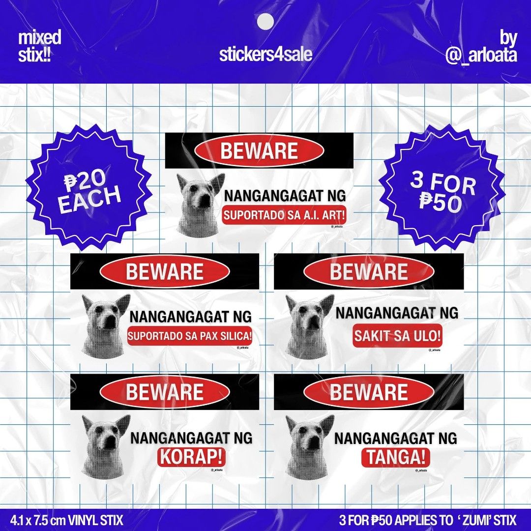 BEWARE! Vinyl Stickers (Category: Art & Prints) located in Caloocan City. Submitted by mrhgbr (Listing ID 1462053906, Image 3). Description: BEWARE! Vinyl Stickers PRICE: PHP 20 EACH, 3 FOR 35 MATERIAL: Vinyl, No Phototop CONDITION: Brand New NOTE (EDITED) : - FOR PRE-ORDER (2-4 DAYS)! Message me on my carousell/art account for inquiries! BUYERS WITHIN AND OUTSIDE METRO MANILA ACCEPTED! DELIVERY: - Lalamove - Grab - J&T (Shipping fee is shouldere