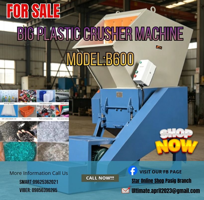 Big Plastic Crusher Machine Model: B600 For sale (Category: Looking For) located in Pasig City. Submitted by star_maya168 (Listing ID 1462129644, Image 1). Description: 📌 Huurryyyyy and get discount 📍For Sale For Sale For Sale FOR SALE BIG PLASTIC CRUSHER MACHINE PHP 589,860 Model : B600 Power : 15 Rotating Blade : 6 Fixed Blade : 4 Process Capacity (kg/h) : 300-350 Mea(mm) : 1520*1050*1750 Weight(kg) : 780 Its main function is to crush all kin