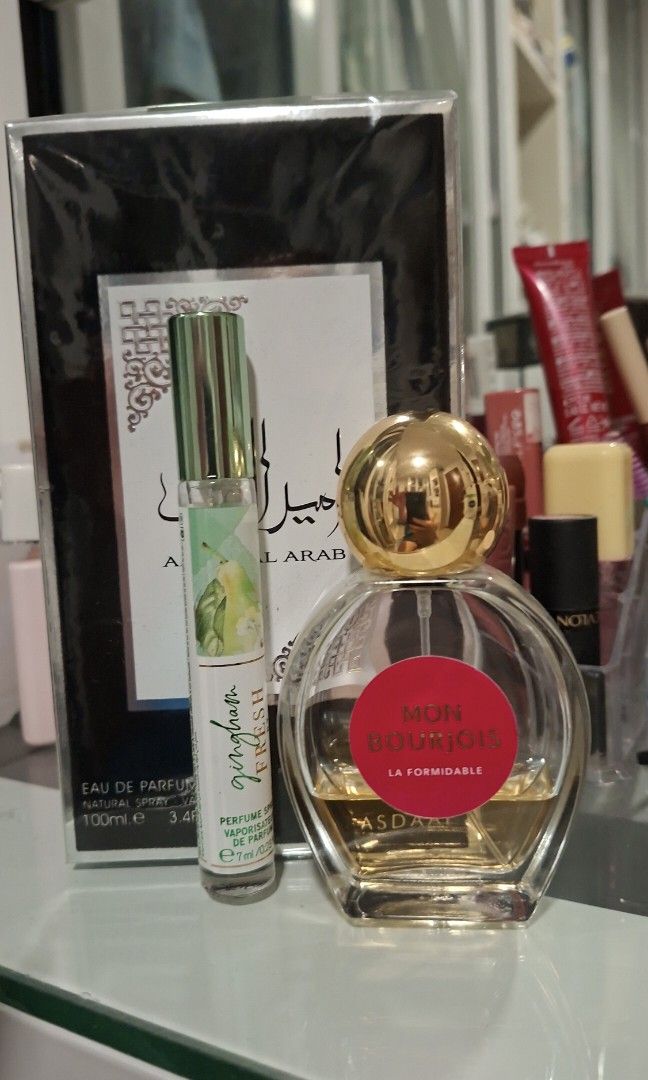 birthday bundle (Category: Fragrance & Deodorants) located in Cainta. Submitted by gieomana (Listing ID 1462181155, Image 1). Description: Dahil birthday ko na ,may pa bundle ako ,grab na mga resellers❤️ 'Ameer Al arab 100ml' brandnew naka sealed pa at super bango amoy mayaman fresh lang scent niya. 'mon bourjois la fomidable' fruity and sweet. fresh by bath and body 7ml lahat nabili po sa Dubai.