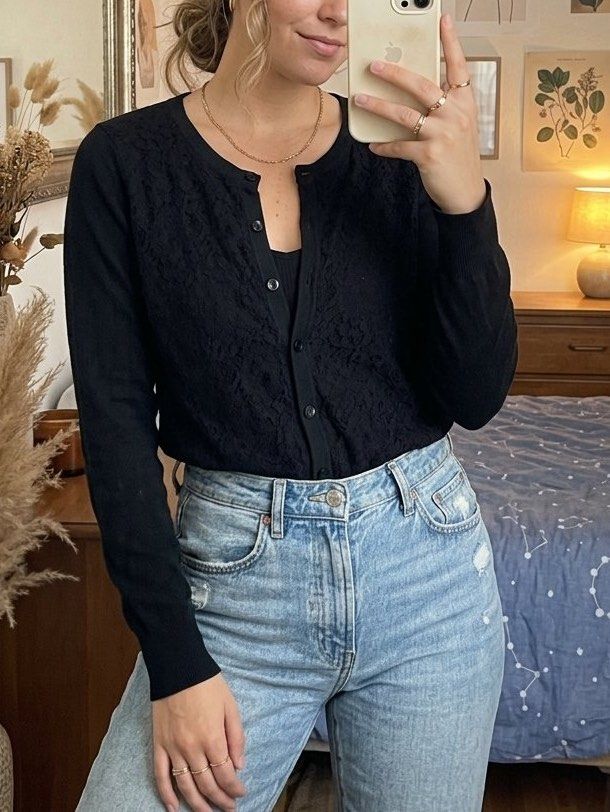 Black Textured Button-Up Cardigan (Category: Coats, Jackets and Outerwear) located in Manila. Submitted by goldenprngs101 (Listing ID 1462178789, Image 2). Description: - Classic black cardigan - Subtle textured pattern - Long sleeves - Button-up front - Versatile for layering over tanks or tees - Easy to dress up or down.
