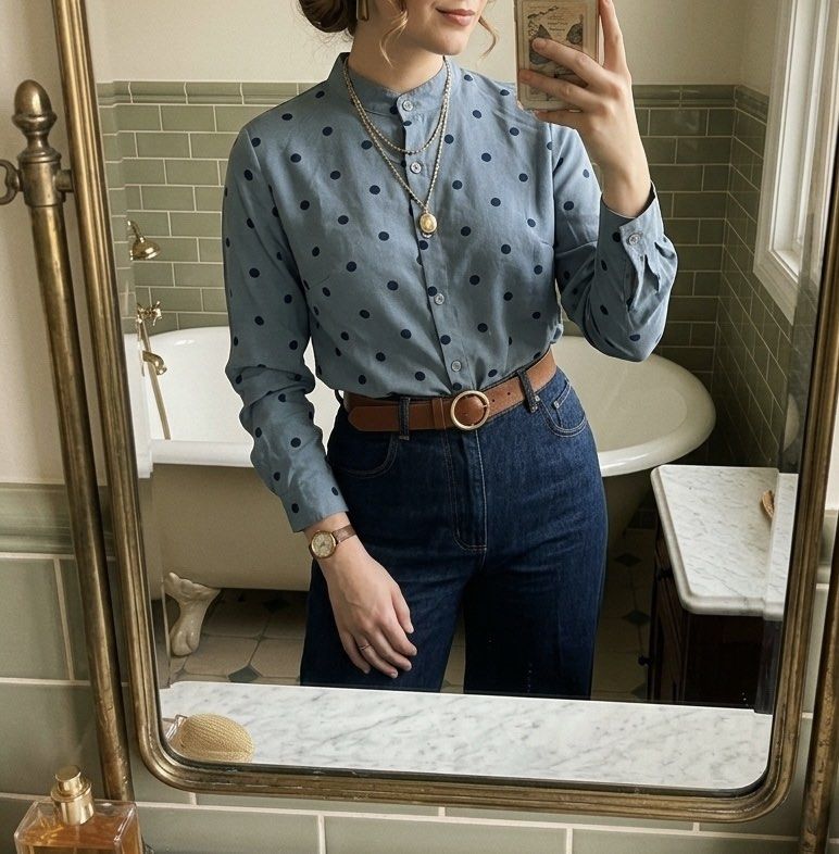 Blue Polka Dot Long Sleeve Button Up Shirt (Category: Blouses) located in Manila. Submitted by goldenprngs101 (Listing ID 1462168744, Image 2). Description: - Light blue shirt with navy blue polka dots - Band collar with button-up front - Long sleeves with button cuffs - Versatile for casual or dressy occasions - Pairs well with jeans or skirts #vintage #fashion #y2k #officeattire #formal #semiformal #casual #ootd #polkadots.