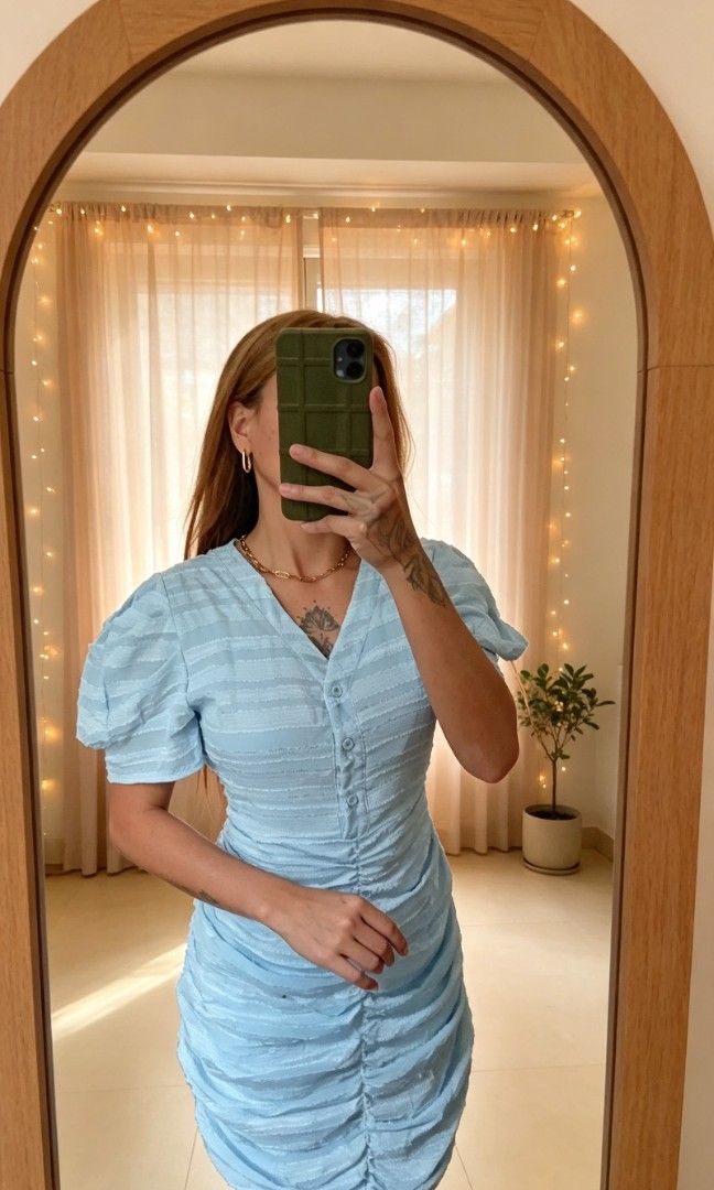 Blue puff sleeves ruffled Mini dress (Category: Dresses) located in Samal. Submitted by avdlclothing (Listing ID 1462128699, Image 3). Description: S-M.