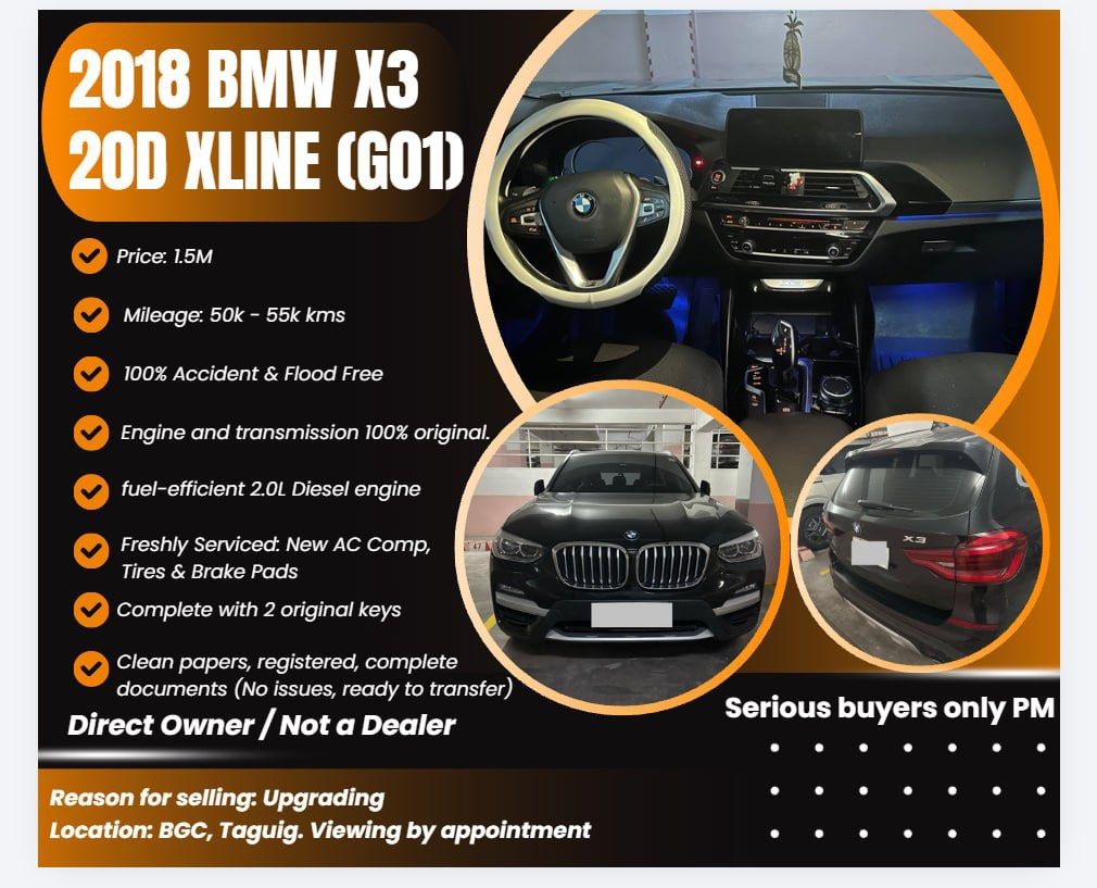 BMW X3 xDrive20d xLine (A) (Category: Used Cars) located in Taguig. Submitted by asamiakiyama9 (Listing ID 1460047269, Image 2). Description: 2018 BMW X3 20d xLine (G01 genuine body style) ✅ Powerful & fuel-efficient 2.0L Diesel engine (xDrive / xLine trim) ✅ 100% No history of accidents or flood ✅ Engine and transmission are untouched, 100% original. ✅ Up-to-date maintenance: Only regular wear-and-tear items have been freshly serviced (brand new
