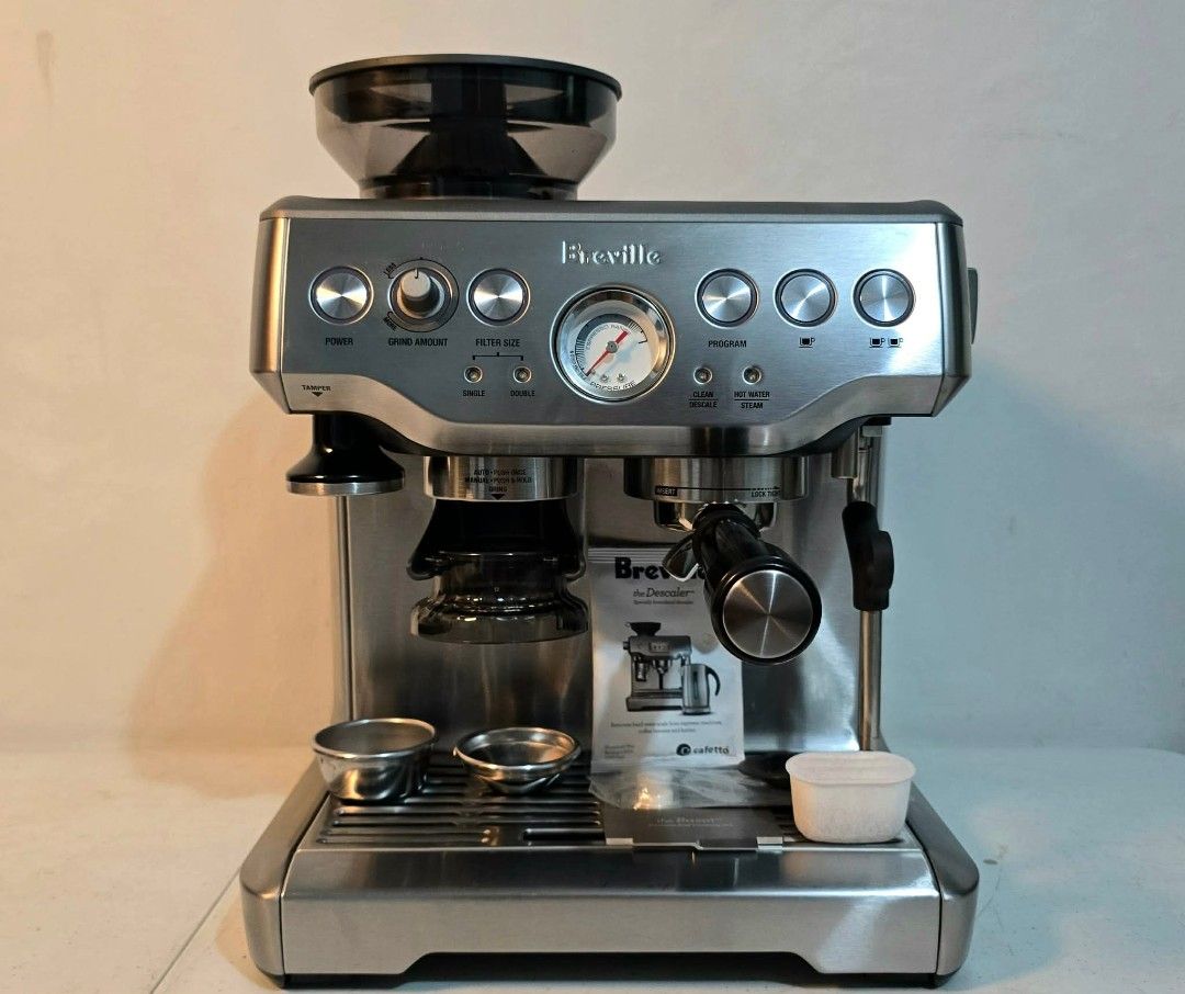 Breville Barista Express Espresso Machine (Category: Coffee Machines & Makers) located in Caloocan City. Submitted by souththrift_taytay (Listing ID 1462210986, Image 2). Description: Breville Barista Express Espresso Machine Australian mall pull out Used as display/demo unit 220V Model:BES875 with box Inclusion Portafilter 3 filter cups Descaling liquid 2 cleaning tablet Milk Pitcher Tamper Good as new 33k.