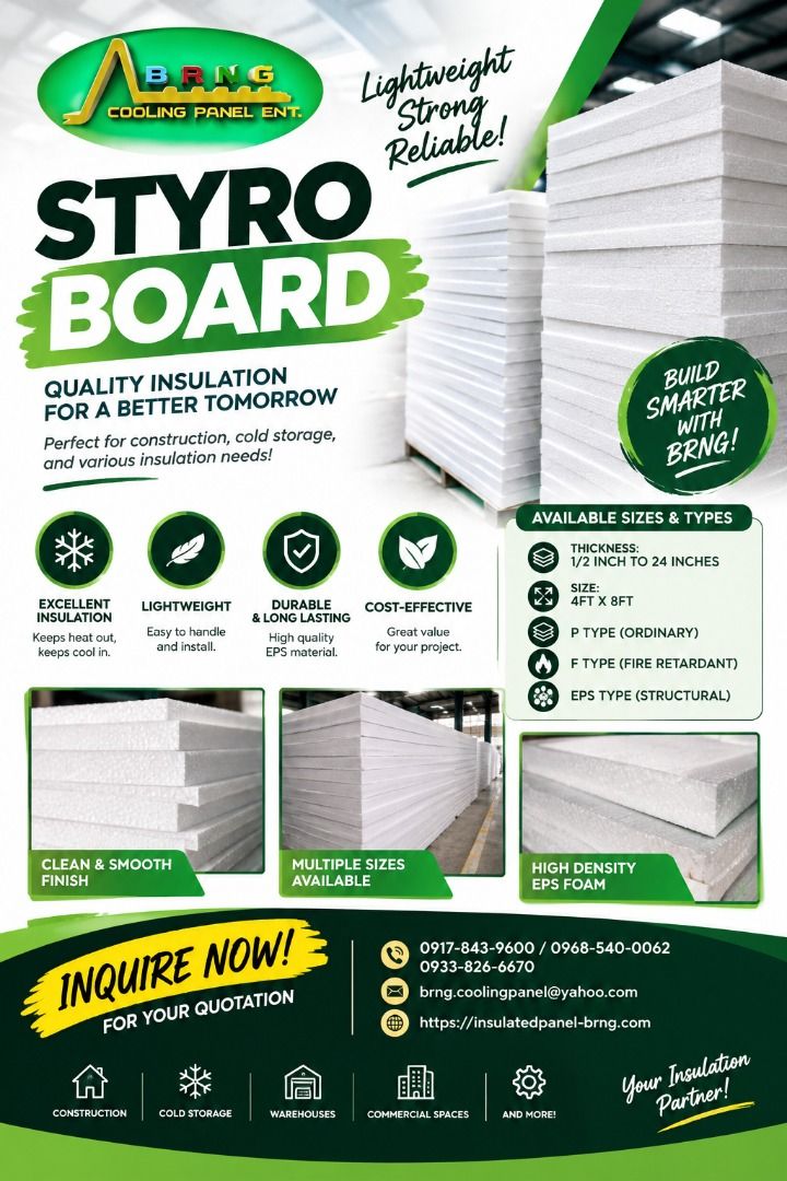 BRNG Styro Board - Quality Insulation for Construction & Cold Storage (Category: Storage Boxes & Baskets) located in Caloocan City. Submitted by epicowl-1ea4 (Listing ID 1462082276, Image 1). Description: - High-quality Styro Boards from BRNG Cooling Panel Ent. - Lightweight, durable, and cost-effective insulation. - Available thicknesses: 1/2 inch to 24 inches. - Standard size: 4ft x 8ft. - Perfect for construction, cold storage, warehouses, and