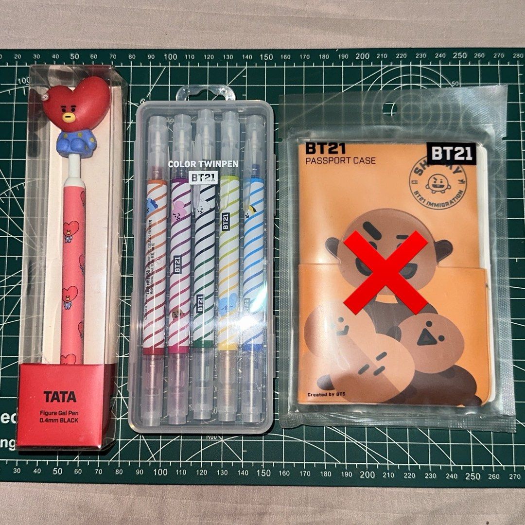 BT21 SEALED MERCH TINGI / SET (Category: Stationery & School Supplies) located in Muntinlupa City. Submitted by seok08 (Listing ID 1461541012, Image 1). Description: •BT21 TATA figure gel pen (0.4mm black ink) - 100 •Set of 5 BT21 color twin pens - 120 •BT21 Shooky passport case - 250 (SOLD) •All items are sealed and in original packaging • Ideal for BTS fans and collectors •Can tingi •Take all for 200 check @/horangcoupss on X for proofs!.