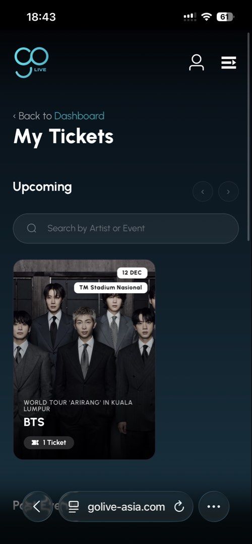 BTS ARIRANG in KUALA LUMPUR (Category: Events Tickets) located in Caloocan City. Submitted by itscamsofficial (Listing ID 1462080352, Image 2). Description: BTS Arirang in KUALA LUMPUR -Day 1 ( December 12, 2026) -Cat 2 - U12 - Golive asia account will be provided - I cannot go due to expensive airfare ticket going back to PH Can do meet up.