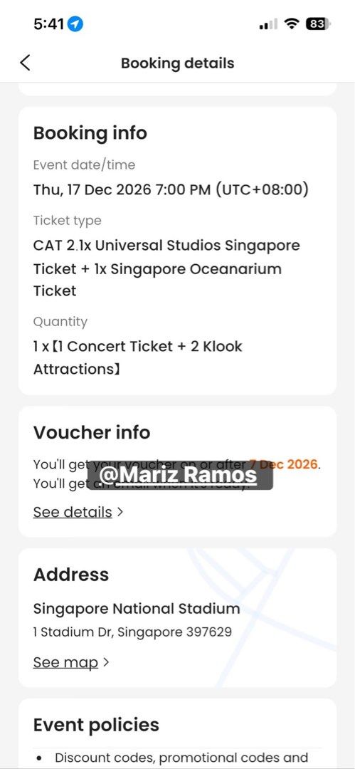 BTS ARIRANG Singapore (Category: Events Tickets) located in Imus. Submitted by mariz.21 (Listing ID 1462207533, Image 1). Description: For Sale BTS ARIRANG CONCERT IN SINGAPORE via KLOOK! Same price sa nabili. December 17 • CAT 2 2 Attractions (Universal Studios SG & Oceanarium) Willing to give my KLOOK account for legit buyer. I have transactions na active yung KLOOK account din and hindi new account. BTS ARIRANG SG CONCERT — HOTEL BED FOR SALE!