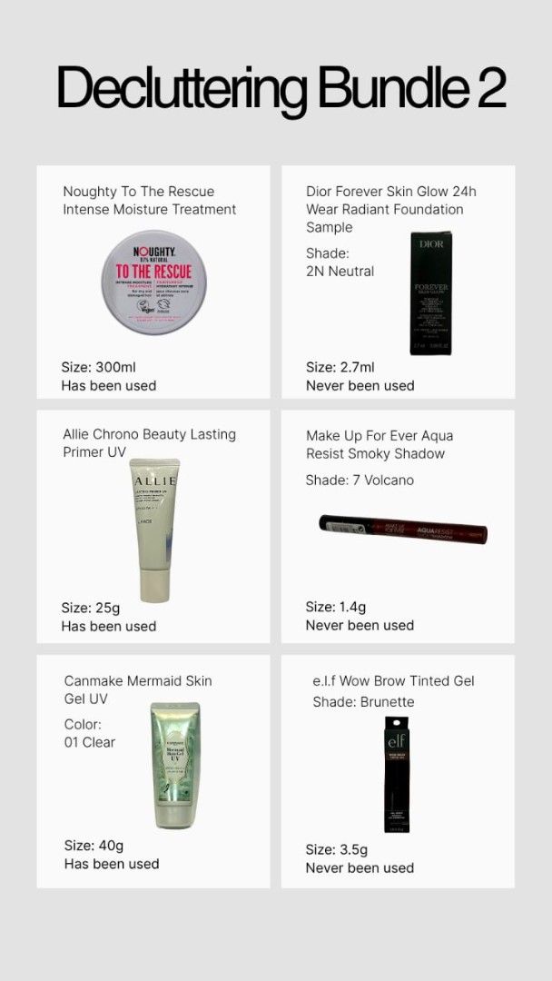 Make Up For Ever, Lancôme, Pili Ani & More! (Category: Makeup) located in Manila. Submitted by prelovedbyc.hannah (Listing ID 1462215550, Image 2). Description: Make Up For Ever Aqua Resist Smoky Shadow (7 Volcano) • Pili Ani Moisturizing Tinted Lip Butter (Barely There) • Lancôme Idôle L'eau de Parfum (10ml) • Bvlgari Omnia Coral Body Lotion (40ml) • e.l.f. Wow Brow Tinted Gel (Brunette) • Clio Deep Clean Lip & Eye Remover (31ml) • Rituals Ritua