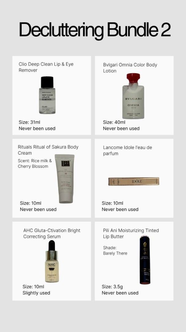 Make Up For Ever, Lancôme, Pili Ani & More! (Category: Makeup) located in Manila. Submitted by prelovedbyc.hannah (Listing ID 1462215550, Image 3). Description: Make Up For Ever Aqua Resist Smoky Shadow (7 Volcano) • Pili Ani Moisturizing Tinted Lip Butter (Barely There) • Lancôme Idôle L'eau de Parfum (10ml) • Bvlgari Omnia Coral Body Lotion (40ml) • e.l.f. Wow Brow Tinted Gel (Brunette) • Clio Deep Clean Lip & Eye Remover (31ml) • Rituals Ritua