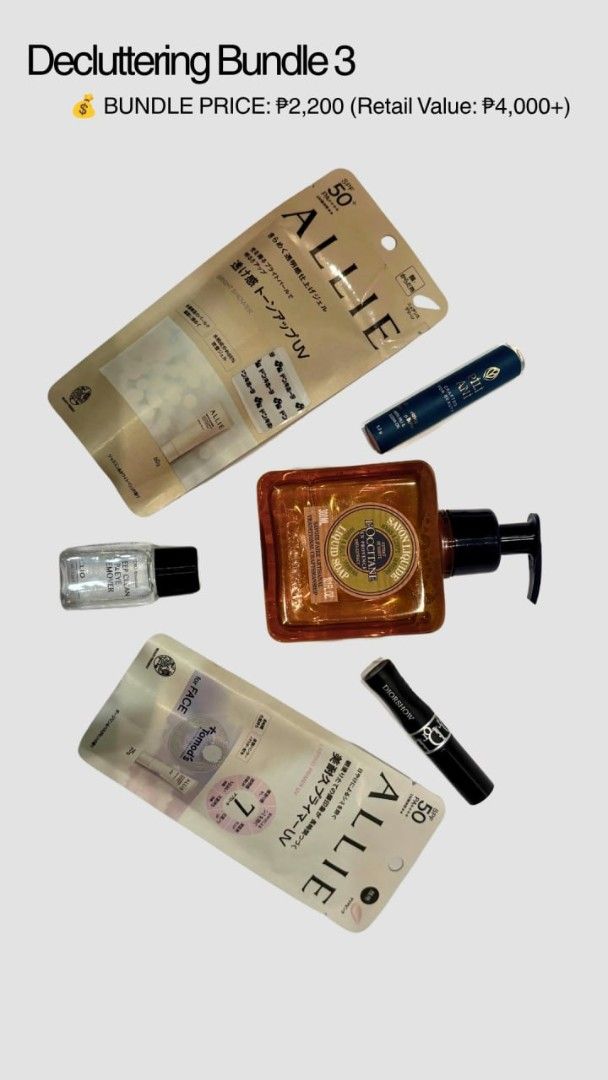 L'Occitane, ALLIE, Dior, Pili Ani & More! (Category: Makeup) located in Manila. Submitted by prelovedbyc.hannah (Listing ID 1462216064, Image 1). Description: • L'Occitane Verbena Liquid Soap (300ml) • ALLIE Chrono Beauty Tone Up UV - 01 Bright Shower (60g) • ALLIE Chrono Beauty Lasting Primer UV (25g) • Pili Ani Moisturizing Tinted Lip Butter - Nude (3.5g) • Clio Deep Clean Lip & Eye Remover (31ml) • Dior Diorshow Pump 'N' Volume Mascara - 090 B