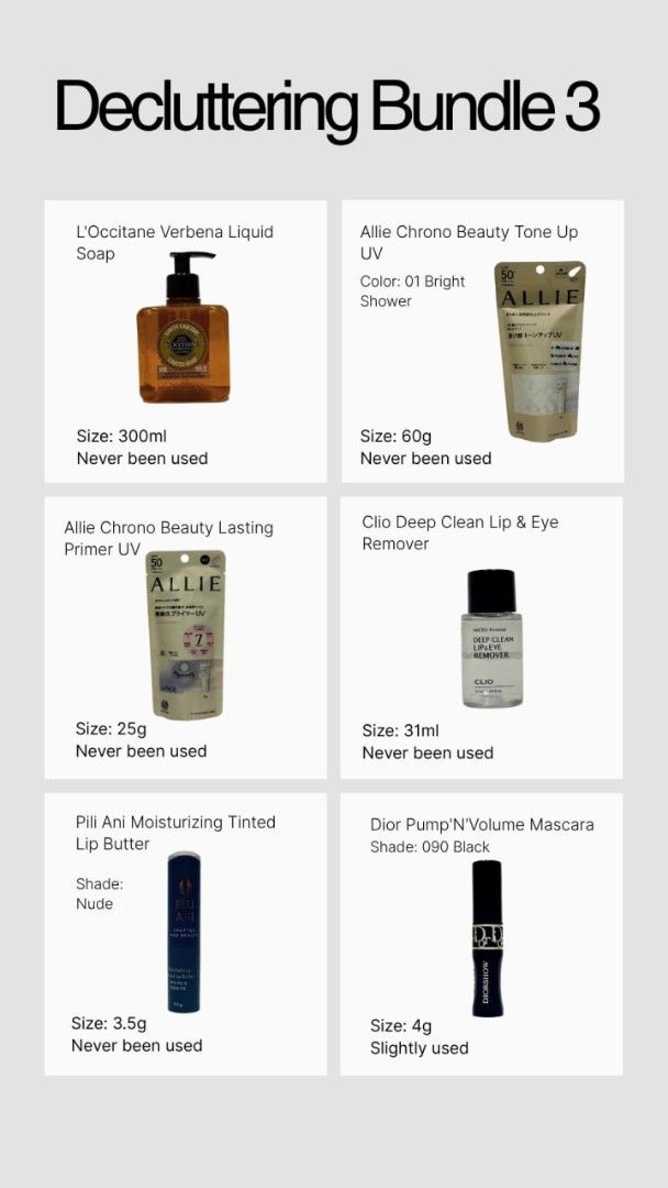 L'Occitane, ALLIE, Dior, Pili Ani & More! (Category: Makeup) located in Manila. Submitted by prelovedbyc.hannah (Listing ID 1462216064, Image 2). Description: • L'Occitane Verbena Liquid Soap (300ml) • ALLIE Chrono Beauty Tone Up UV - 01 Bright Shower (60g) • ALLIE Chrono Beauty Lasting Primer UV (25g) • Pili Ani Moisturizing Tinted Lip Butter - Nude (3.5g) • Clio Deep Clean Lip & Eye Remover (31ml) • Dior Diorshow Pump 'N' Volume Mascara - 090 B
